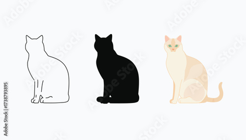 Vector art of three cat illustrations showing outline, silhouette, and color