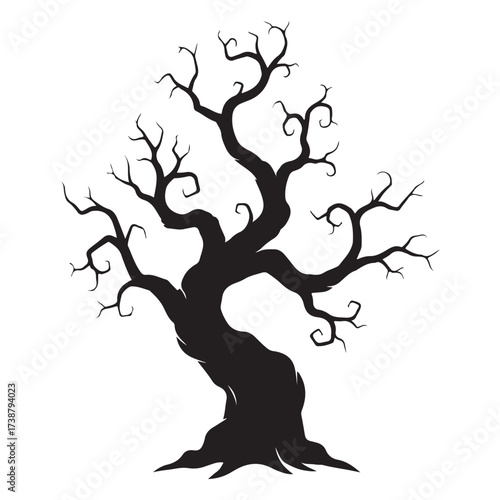Silhouette of a gnarled and twisted ancient dead tree with bare branches reaching upwards against a white background