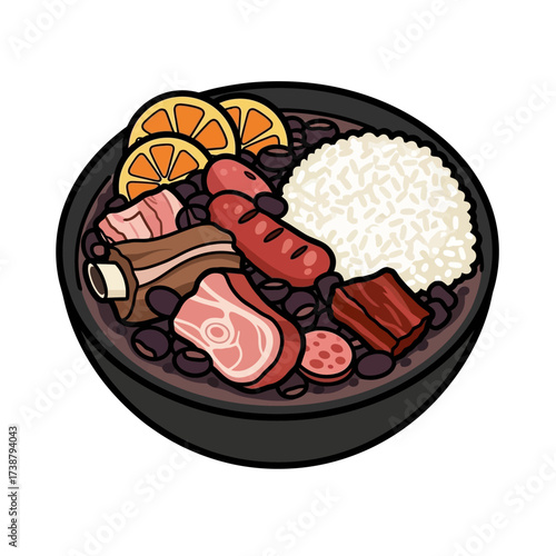 Flat Design Brazilian Feijoada Bowl, Vector Illustration with Bold Outlines, Isolated on White Background