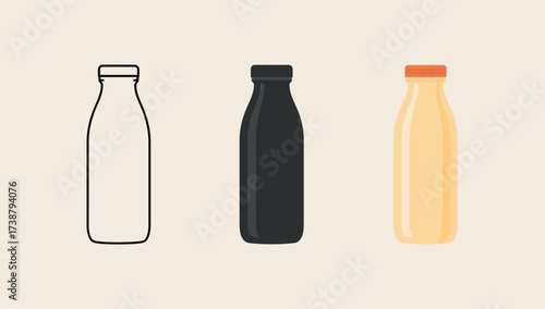 Vector art of three milk bottles, empty outline, black filled and yellow filled