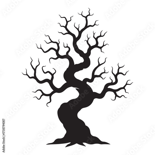 Silhouette of a gnarled and twisted bare tree with intricate branches against a stark white background evoking a sense of mystery and the macabre