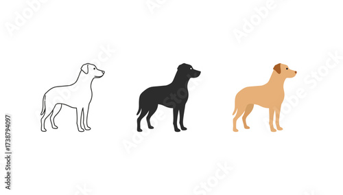 Vector art of three different styles of a dog illustration, outline, silhouette, and color