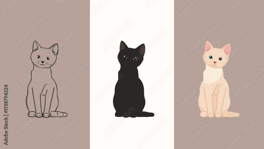 Obraz premium Vector art of three cats in different styles outline, silhouette, and color
