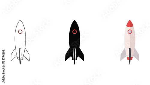 Vector art of three rocket icons in different styles outline, solid, and color