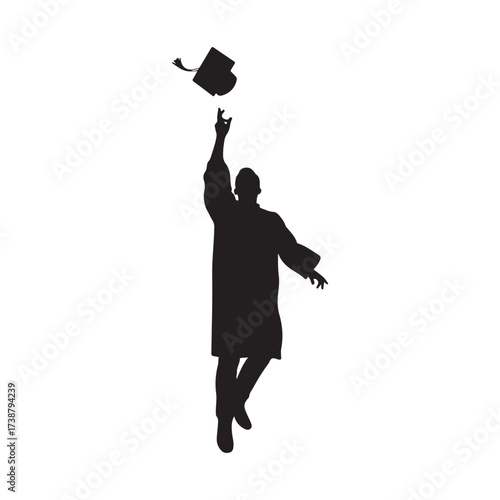 Silhouette of a jubilant graduate in cap and gown throwing their academic cap high in the air celebrating achievement and success