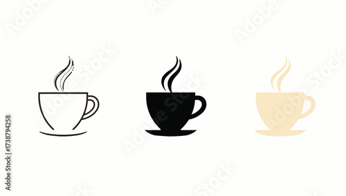 Vector art of three coffee cups in different styles, a line drawing, a silhouette and a color illustration