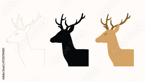 Vector art of three deer heads in different styles, outline, silhouette, and color