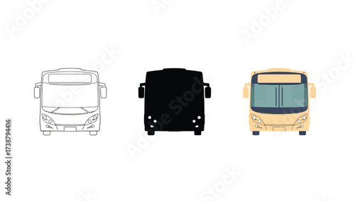Vector art of three bus icons, outline, silhouette, and color version