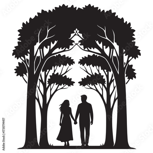 Silhouette of a loving couple holding hands walking together under a canopy of symmetrical trees in a romantic park setting