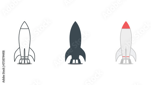 Vector art of three rocket icons, outline, silhouette, and color version
