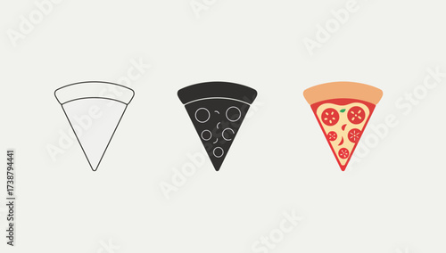 Vector art of three pizza slices in different styles, outline, silhouette, and filled