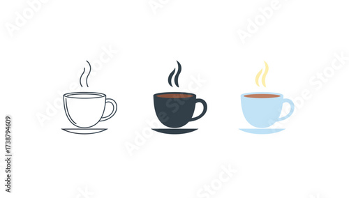 Vector art of three cups of coffee, in different styles outline, silhouette, and color