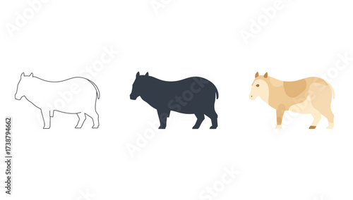 Vector art of three different styles of capybara illustration outline, silhouette, and color