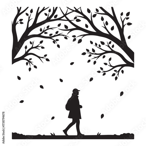 Silhouette of a person walking beneath a large tree with falling leaves during autumn season against a white background