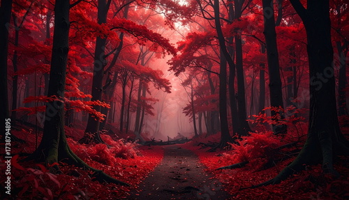 Atmospheric photo of a dark red forest, eerie lighting, and creepy surreal ambiance, evoking fantasy or horror vibes in a moody autumn landscape.