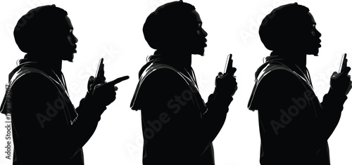 Silhouette man with smartphone, digital lifestyle concept, modern technology usage, mobile addiction, social media connection, hooded figure, blue outline art