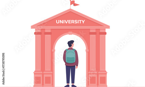 Student standing at university entrance gate with backpack education concept 

