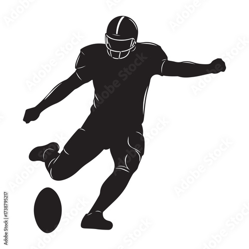 Silhouette of an american football player in uniform kicking a football during a game on a white background