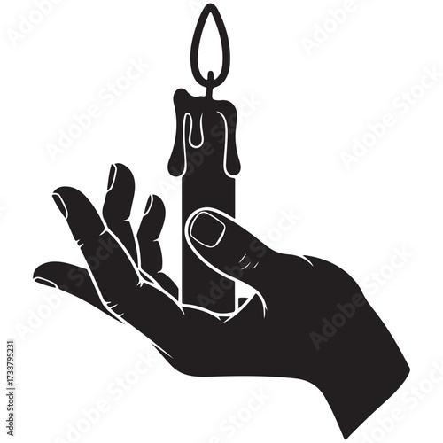 Silhouette of an open hand holding a lit candle casting a warm glow against a stark white background symbolizing hope and guidance