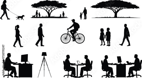 Silhouette people walking, cycling, working, children playing, technology use, daily life activities, outdoor tree scene, teamwork, lifestyle, urban community illustration