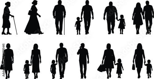 Silhouette people walking, family group, elderly with cane, children holding hands, urban lifestyle, diverse community, everyday activities, social interaction, human figures