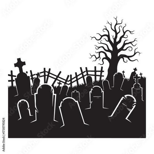 Spooky silhouette of a dark and eerie graveyard at night with a bare dead tree and weathered tombstones under a white sky