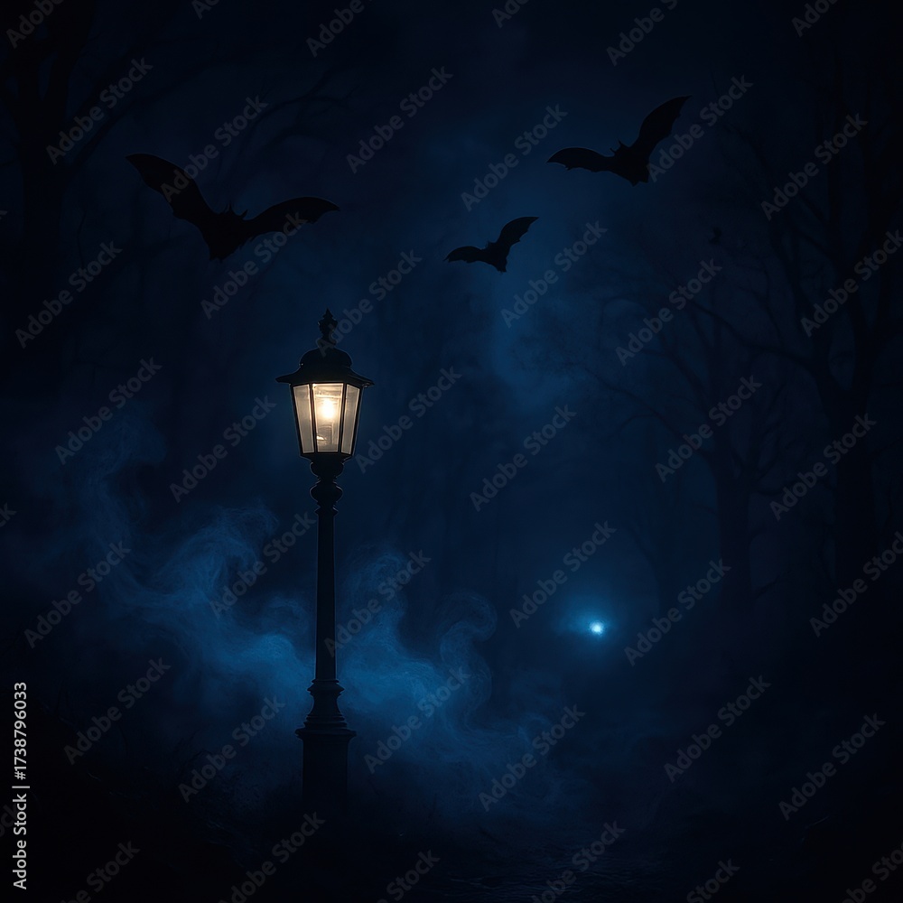 Fototapeta premium Spooky graveyard with crumbling headstones bare trees and gothic chapel under full moon as eerie fog rolls while a silhouette rises creating a dramatic Halloween banner scene
