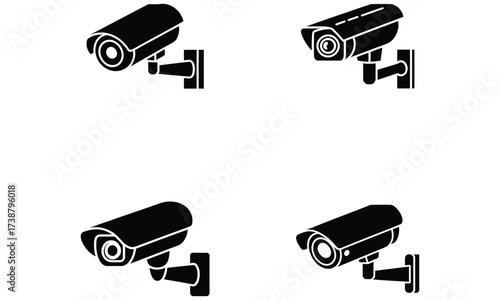 Cctv security camera icons in black silhouette design for surveillance and monitoring 
