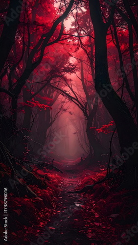 Atmospheric photo of a dark red forest, eerie lighting, and creepy surreal ambiance, evoking fantasy or horror vibes in a moody autumn landscape.