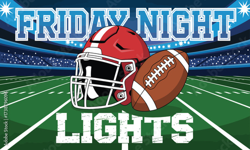 American football helmet and ball on stadium field with friday night lights background 
