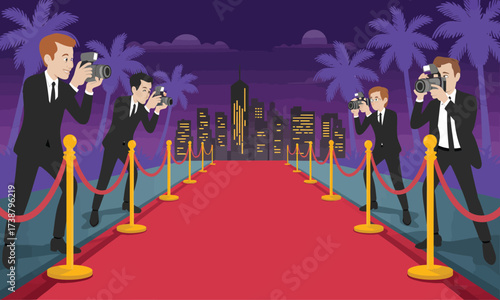 Red carpet event with photographers and paparazzi taking celebrity photos at night 
