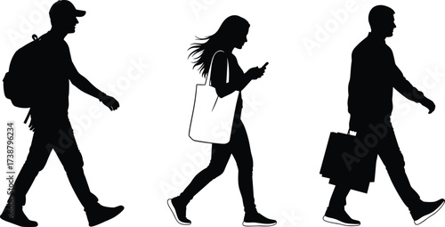 Silhouette people walking, urban lifestyle, shopping bags, backpack traveler, mobile phone user, modern city commuters, daily activity, street fashion, casual movement, diversity