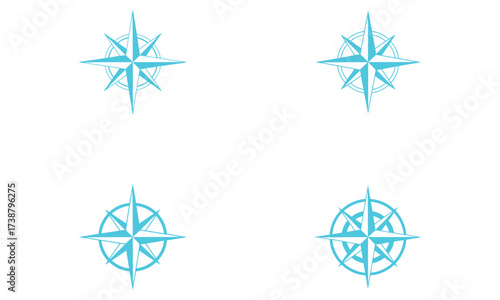 Compass rose icons in blue design for navigation and travel direction symbols 
