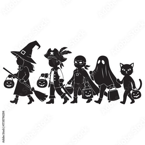 Whimsical black silhouette of children in halloween costumes trick or treating with candy buckets and a black cat companion