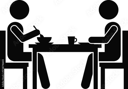 Silhouette, people, dining, table, eating, drinking, social, interaction, black, white, illustration, minimal, concept, lifestyle, communication, meal, together, friendship, conversation, artwork