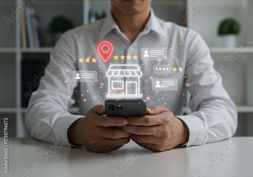 Local business reviews and customer feedback system on mobile device, showcasing star ratings for small businesses. Digital marketing, local SEO, and consumer experience in online business reviews - 1