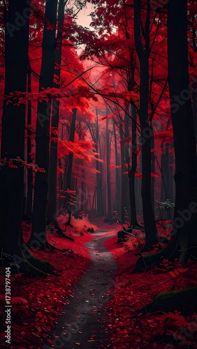 Atmospheric photo of a dark red forest, eerie lighting, and creepy surreal ambiance, evoking fantasy or horror vibes in a moody autumn landscape.