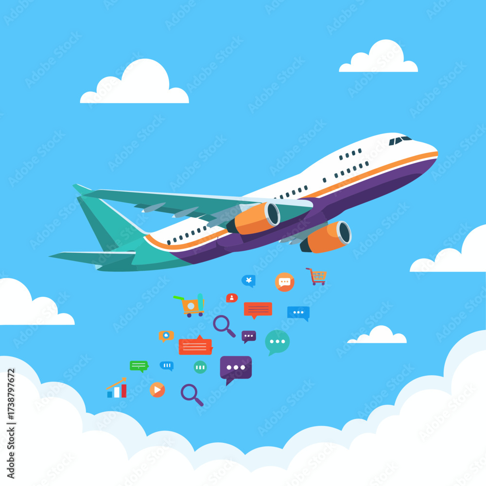 Fototapeta premium Airplane Flying Through Blue Sky with Clouds and Digital Icons