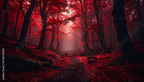 Atmospheric photo of a dark red forest, eerie lighting, and creepy surreal ambiance, evoking fantasy or horror vibes in a moody autumn landscape.