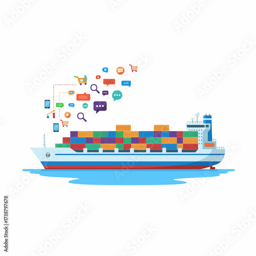 Cargo Ship with Shipping Containers and Digital Communication Icons in Bright Colors