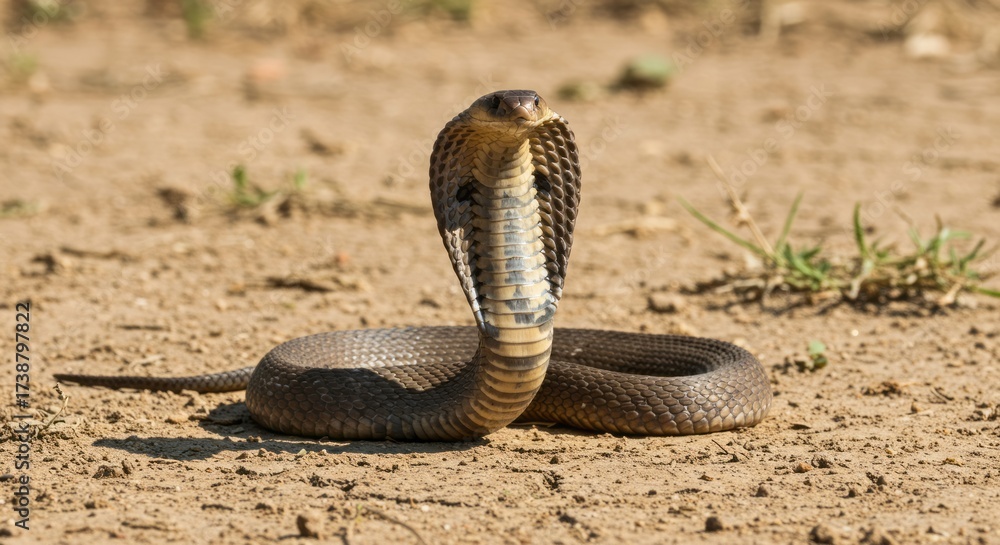 Fototapeta premium Venomous cobra with hood raised, symbol of danger and power, perfect for wildlife, reptile, and exotic animal photography themes.
