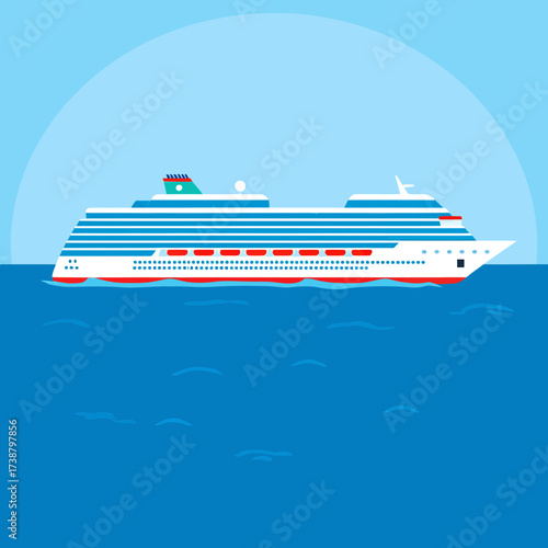 Large Cruise Ship Sailing on Calm Blue Ocean Under Clear Sky