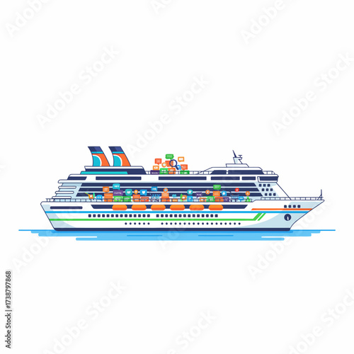 Large Modern Cruise Ship with Multiple Decks and Bright Colors on Calm Water