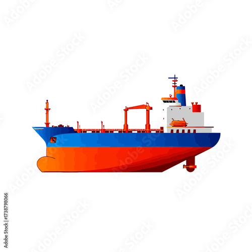 Cargo Oil Tanker Ship with Bright Blue and Red Colors on White Background
