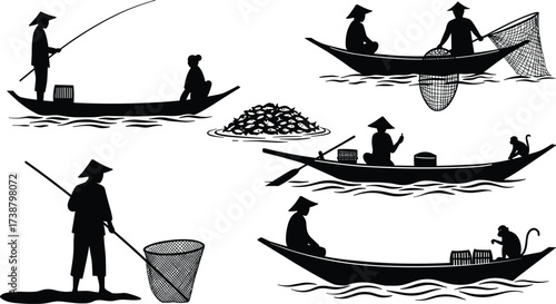 Traditional fishing illustration, fishermen on boats, casting nets, catching fish, cultural lifestyle, river fishing, village life, Southeast Asia, heritage art