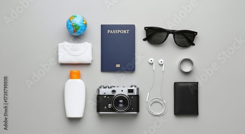 Flat Lay Travel Essentials: Passport, Camera, Sunglasses, Globe, Wallet, Earphones and More for Adventure or Stock Use