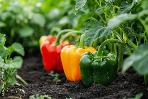 Bell peppers and zucchini in rural vegetable agricultural field. Natural farm grown produce. Organic garden.