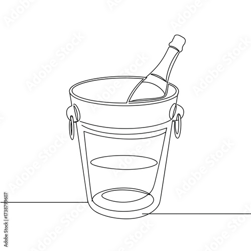 Champagne bottle in ice bucket outlined in minimal line vector style  