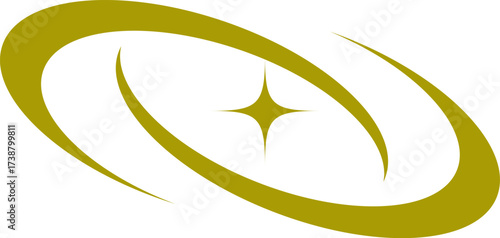 Golden starburst inside an elliptical swirl against a white background