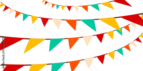 Festive flag garland vector illustration. Retro bunting in simple flat style, isolated on white background. Carnival, birthday, circus border decoration.
